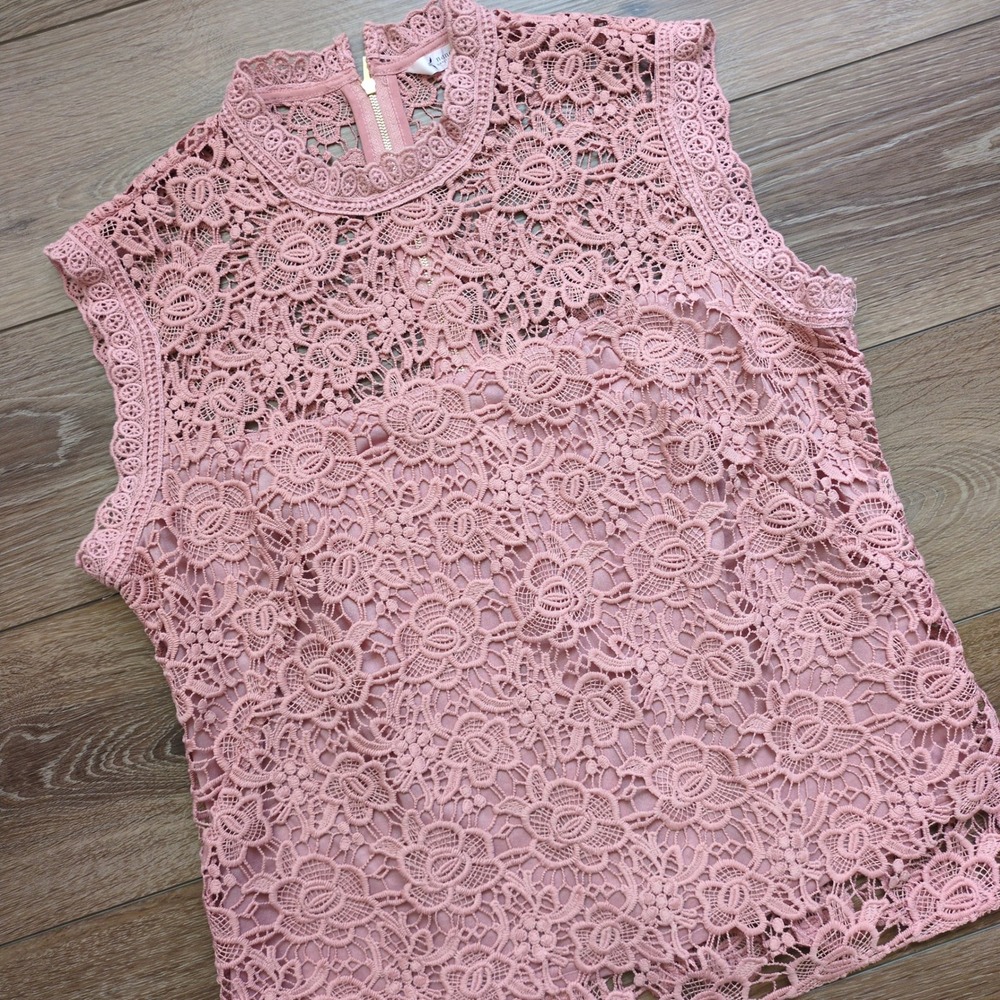 Nanette Lepore Pink Lace Top Pink‎ Mock Neck Sleeveless Sheer Large